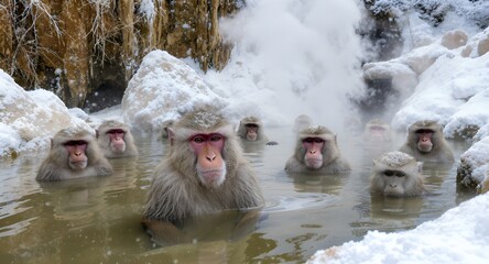 Obraz premium Snow Monkeys Bathing in Hot Spring at Jigokudani