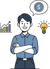 A confident young man in a blue shirt with crossed arms, surrounded by icons representing business growth (bar chart), a dollar coin (money/finance), and a lightbulb (idea/innovation), all in a clean 