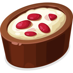 Oval Brown Chocolate Cup With White Cream Filling Topped With Red Berries Close Up Realistic 3D Rendering With Transparent Background