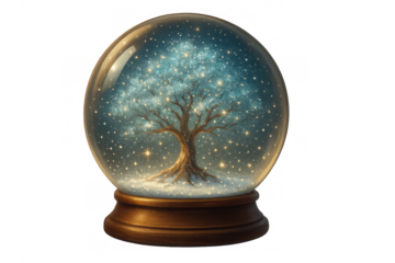 Snow globe containing a mystical tree of life with sparkling branches, surrounded by stars and snow on a transparent background