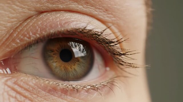 Extreme close-up macro video, side profile of a human eye with warm brown iris performing a slow, deliberate blink. Creamy bokeh blurs the skin. Concept of human vision anatomy