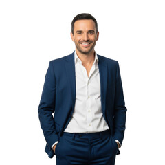 Fototapeta premium A smiling man wearing a blue suit and white shirt stands with his hands in his pockets isolated on transparent background