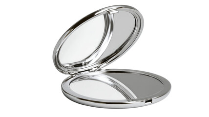 silver compact mirror elegant round makeup accessory reflective beauty tool portable cosmetic case minimalist shiny travel vanity mirror design