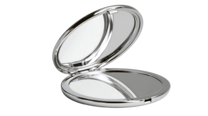 silver compact mirror elegant round makeup accessory reflective beauty tool portable cosmetic case minimalist shiny travel vanity mirror design