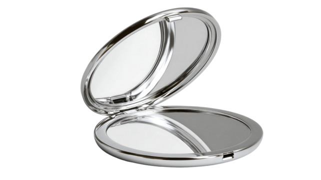 silver compact mirror elegant round makeup accessory reflective beauty tool portable cosmetic case minimalist shiny travel vanity mirror design