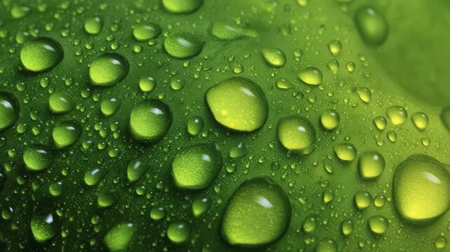 A close-up view of numerous clear water droplets beading on the surface of a bright green leaf The focus captures the texture of the leaf and the reflections in the drops