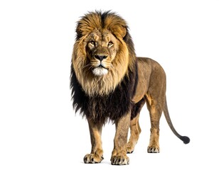 Obraz premium A regal lion stands proudly against a white background, its gaze direct. Its mane is thick and golden