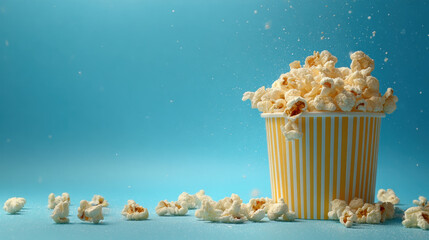 Popcorn overflowing from striped yellow bucket with scattered popcorn pieces on blue background creating lively and fun snack scene