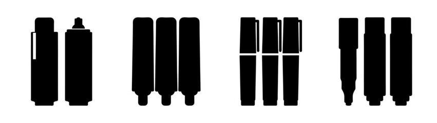 Collection of black marker pen silhouettes on a white background, showcasing different types and arrangements of marker pens