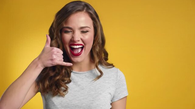 Young caucasian woman with brown hair, red lipstick, grey t-shirt laughs, making 'call me' and thumbs-up on bright yellow background, playful communication concept