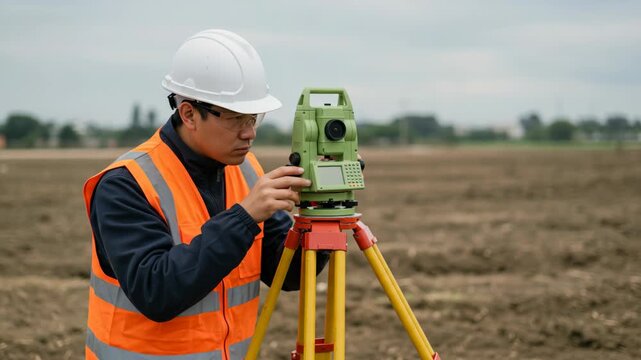 Surveyor using leveling instrument on construction site outdoors  