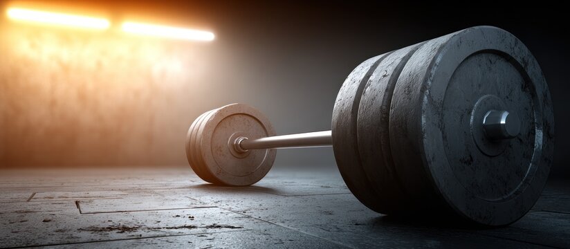 Barbell with Weights in Gym Lighting.