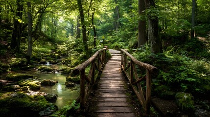 Obraz premium Wooden footbridge traverses mossy stream in dense sunlit forest