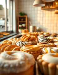 Assortment of Freshly Baked Pastries and Donuts in a Bakery