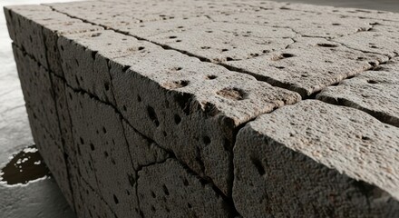 Closeup of a weathered concrete block with cracks and porous texture