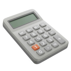 A gray calculator with an orange button isolated on a transparent background