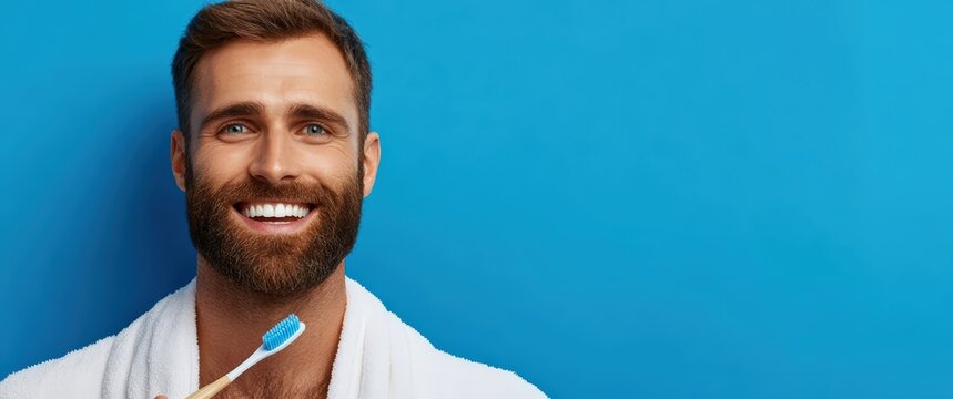 Bearded man smiling, wearing a bathrobe, holding a toothbrush, representing dental hygiene and self care