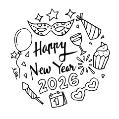 hand drawn doodle art happy new year 2026  icons elemen set