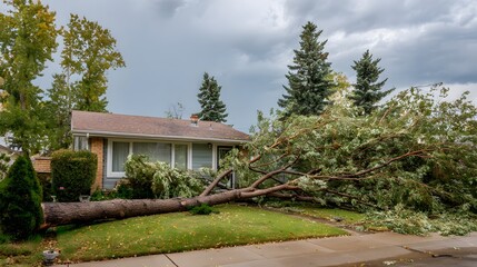 Large fallen tree trunk obstructs the front yard and pathway of a suburban residence under a stormy sky