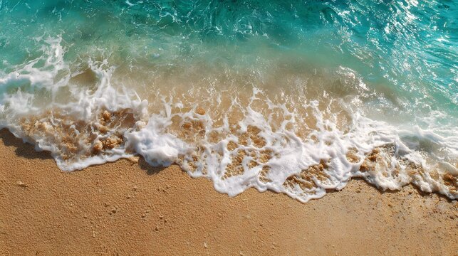 Fototapeta Aerial view captures foamy ocean waves washing onto a golden sandy shore