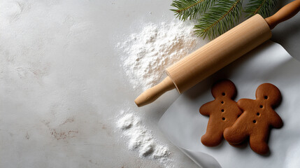 Gingerbread men cookies freshly baked for christmas holiday season, lying on parchment paper with a rolling pin and scattered flour with copy space, preparing for decorating festive dessert