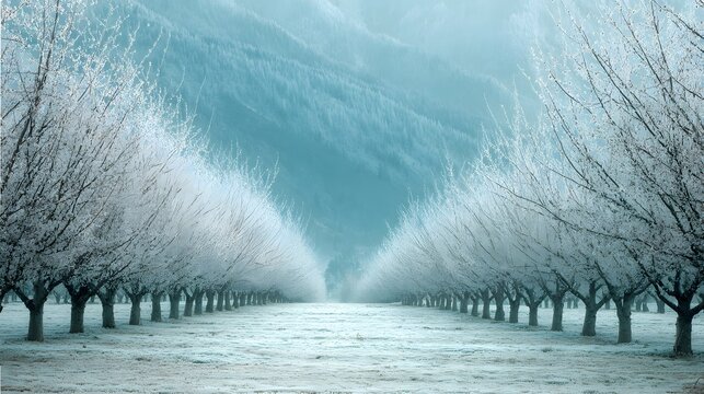 Rows of frost covered deciduous trees line a path leading toward misty blue mountains - Powered by Adobe