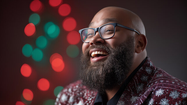 Bald bearded man in festive holiday blazer wearing glasses. Broadly laughing with joy. Celebrating christmas. New year. Or special seasonal event