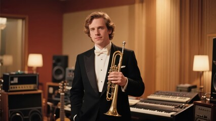 Fototapeta premium A musician in the recording studio, presenting a professional music creation image, demonstrating the art and passion in the music field.
