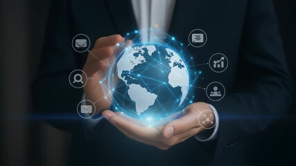Glowing Earth globe with digital network and communication icons symbolizing global business technology connection and hands for digital network - Powered by Adobe