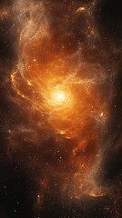 A vibrant, fiery orange and yellow spiral galaxy or cosmic nebula in space