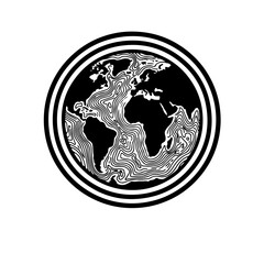 Global Hydrographic Mapping icon. Minimalist black and white globe silhouette with the oceans illustrated by wave patterns or contour lines. Symbolizes the worldwide importance of charting the seas