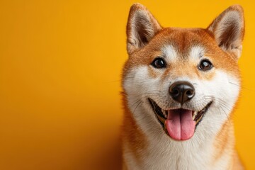 Cute Shiba Inu dog smiling against a bright yellow backdrop. Use for pet ads, website, or promoting positive, happy animal content.