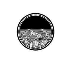 Minimalist Marine Cartography icon. Black and white design showing the ocean surface blending into seabed contour lines. Represents bathymetry, nautical charting, and the vital work celebrated