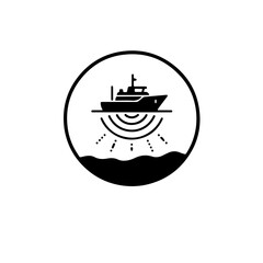 Minimalist black and white Hydrographic Survey icon. Simple vessel silhouette on the water surface with sonar beams mapping the seabed. Symbolizes safe navigation and marine knowledge