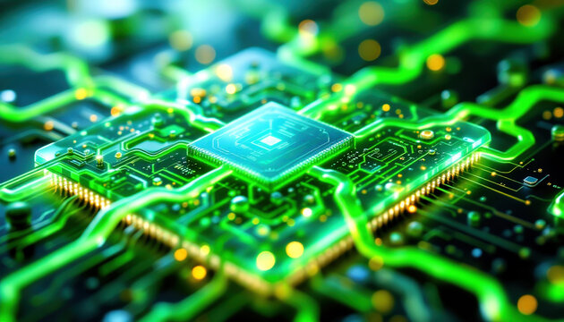Green nanotechnology circuit board with glowing microchip and electronic components