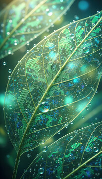 Green nanotechnology concept with circuit pattern on leaf surface and water droplets