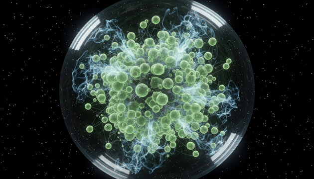 Green nanotechnology spheres in petri dish with blue network connections