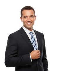 Smiling caucasian businessman in a sharp dark suit and striped tie posing confidently isolated on transparent background