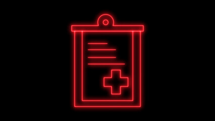 Red neon glow effect medical history clipboard icon with health cross symbol and patient records isolated on black background for healthcare applications and digital design