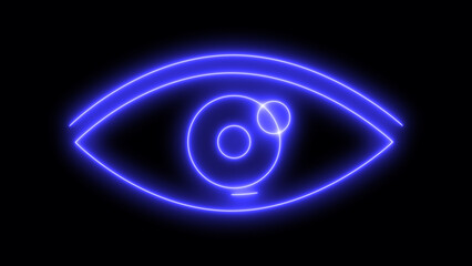 Blue neon glowing eye icon representing digital vision and futuristic technology, symbolizing surveillance and optical concepts, isolated on black background
