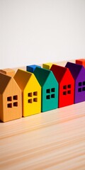 Fototapeta premium A row of colorful, toy-like houses in rainbow hues (orange, yellow, green, red, purple) neatly arranged on a wooden surface, evoking creativity and childhood playfulness.