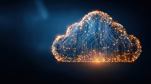 A glowing cloud-shaped graphic with circuit patterns, symbolizing cloud computing and technology.