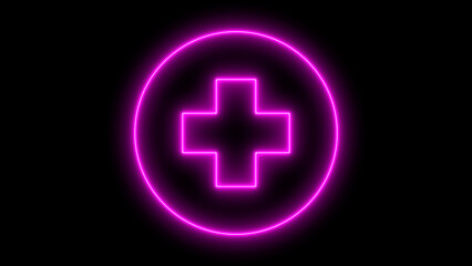 A vibrant neon glow icon of a medical cross symbol inside a circle, representing healthcare, first aid, and emergency services, isolated on black background.