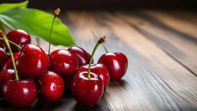 A pile of fresh cherries on a wooden table with green leaves
