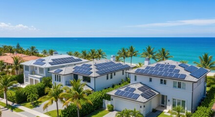 Luxury modern beachfront houses with solar panels on the roof, overlooking the turquoise ocean and palm trees