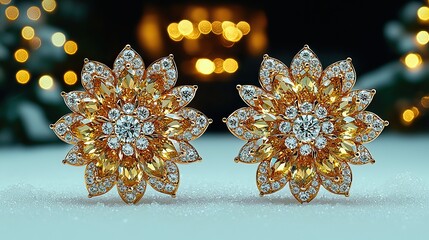 Fototapeta premium Sparkling Jewel Cluster: A pair of ornate, circular pieces of jewelry or decorative flower motifs shimmering with clear and golden gems