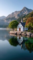 Fototapeta premium Small White Church With Steeple On Rocky Island Shoreline Beside Calm Lake With Mountain Background Under Bright Sunlight With Autumn Trees