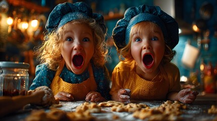 Surprised children in chef hats reacting to cookie baking in colorful cozy kitchen — perfect for kids content, family promotions