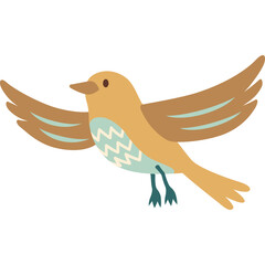 A charming cartoon bird with brown and blue accents in mid-flight against a transparent background highlighting its wingspan and detailed feathers, perfect for whimsical designs