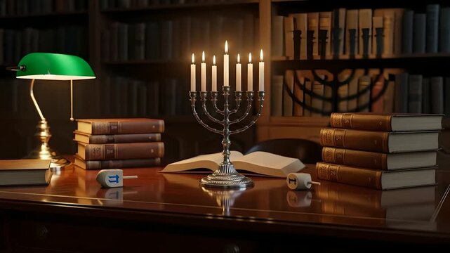 Hanukkah menorah candles burning, dreidels spinning on desk in library. Jewish holiday, tradition, celebration, religious observance, festival of lights. Cultural heritage content.